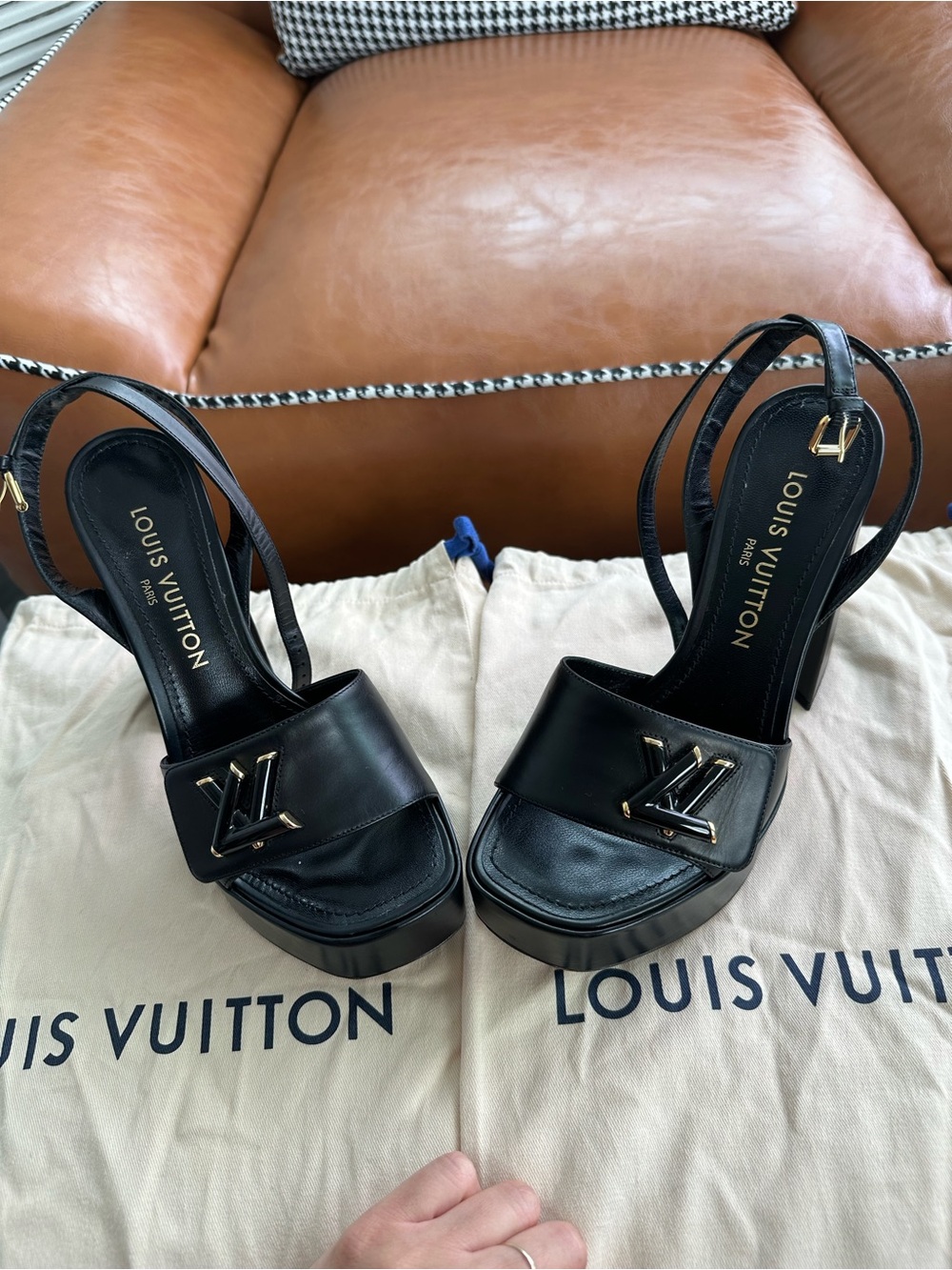 Louis Vuitton Black Leather Platform Slingback Heels with Gold LV Hardware